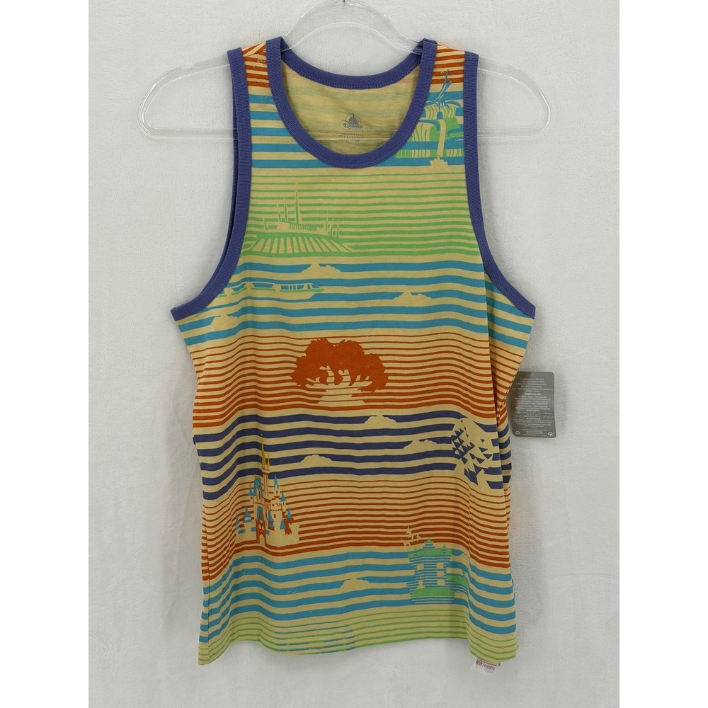 Disney Top Mens Small Yellow Striped Parks Icons‎ Graphic Tank Colorful Summer